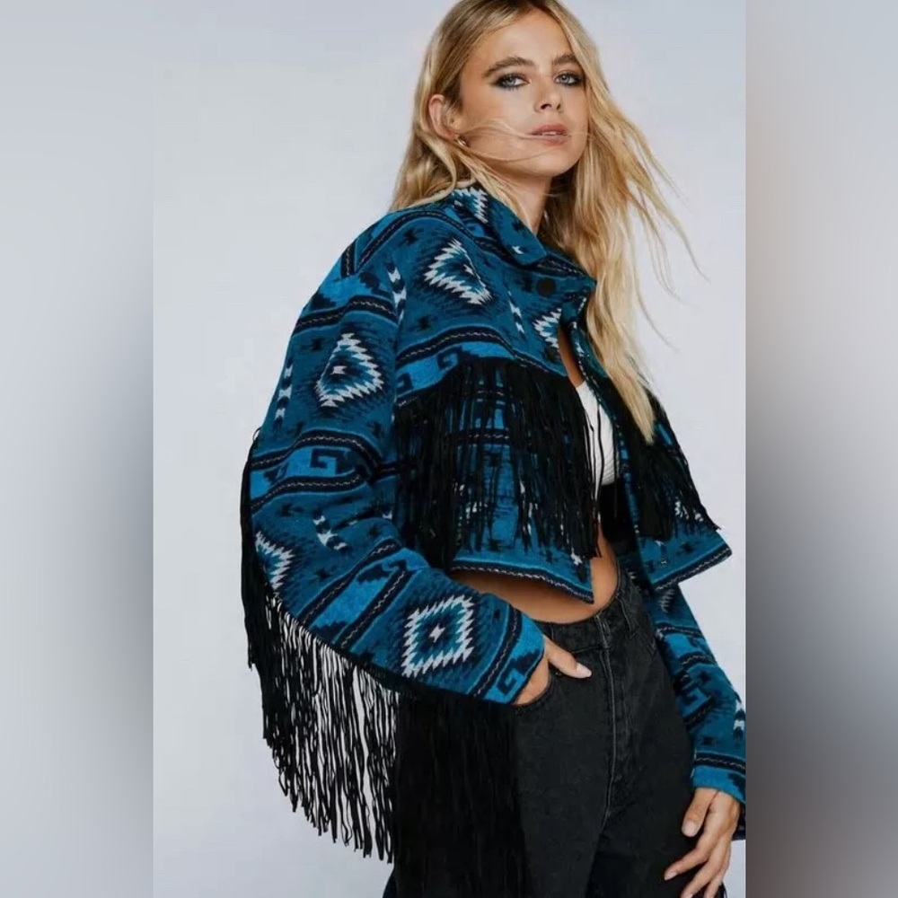 NASTY GAL SOLD OUT Premium Aztec Cropped Fringe Detail Shacket